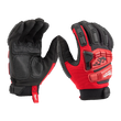 A pair of black and red gloves with a visible brand logo