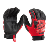 A pair of black and red gloves with a visible brand logo
