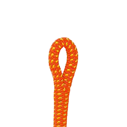 Orange climbing rope with a loop on a white background